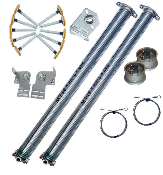 Garage door track, roller, hinge and mounting hardware displayed separately