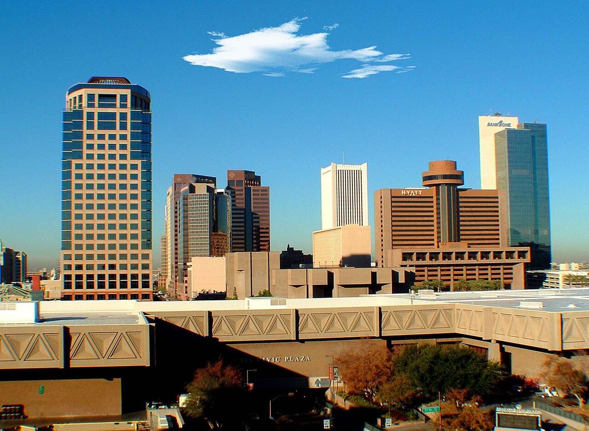 Downtown Phoenix skyline in a historical photograph